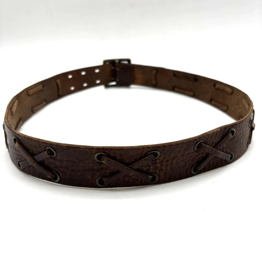 Vintage Y2K American Eagle Brown Leather X-laced Double Prong Belt M 32-36